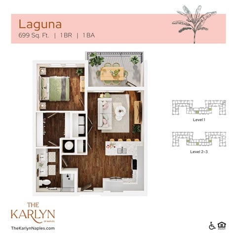 Floor plan for 1 bed, 1 bath, 699 sqft